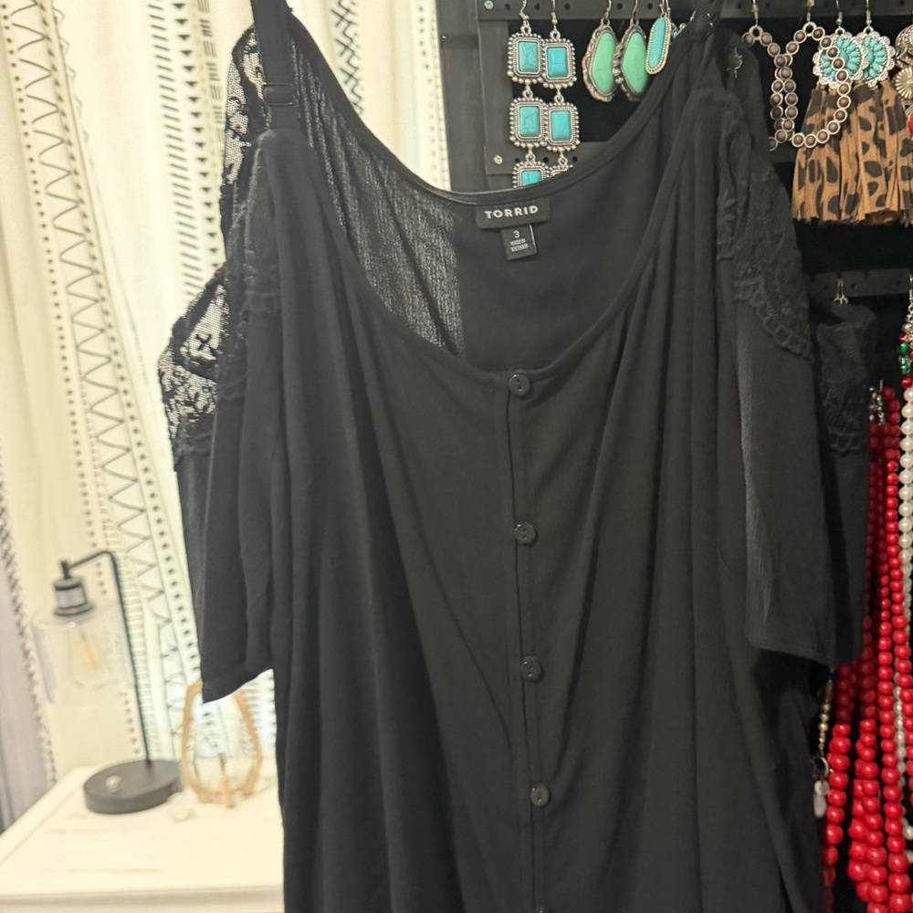 Torrid Black Button Down Women's Shirt with Lace, cold shoulder